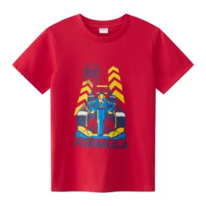 เสื้อสีแดงพิมพ์ลายรถแข่ง